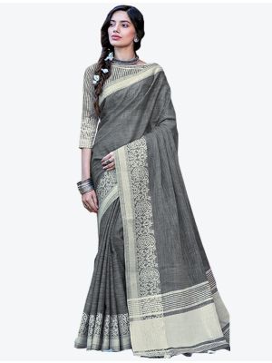 Grey Linen Cotton Designer Saree small FABSA20459