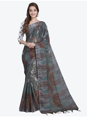 Grey Linen Slub Designer Saree small FABSA20485