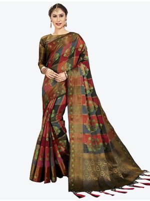 Maroon and Black Cotton Silk Designer Saree small FABSA20417