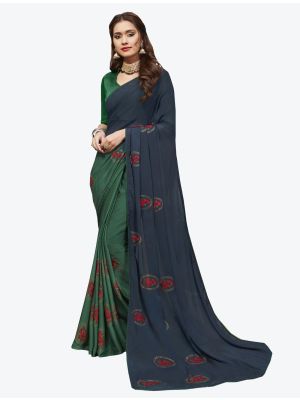 Navy Blue and Teal Green Georgette Designer Saree small FABSA20435