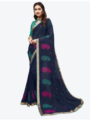 Navy Blue Georgette Designer Saree small FABSA20438