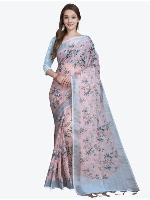Pastel Pink Linen Slub Designer Saree small FABSA20488
