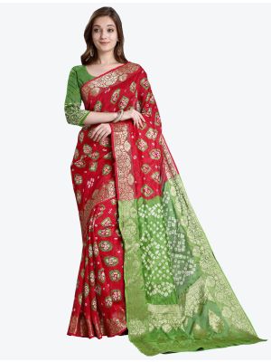 Red and Green Viscose Georgette Designer Saree small FABSA20494
