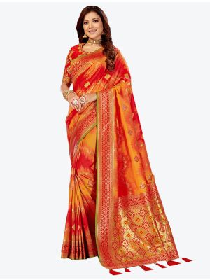 Red and Orange Jacquard Silk Designer Saree small FABSA20445