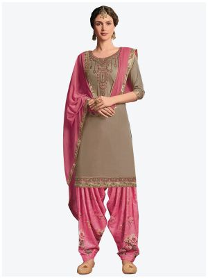 Sand Grey Satin Cotton Patiala Suit with Dupatta small FABSL20166