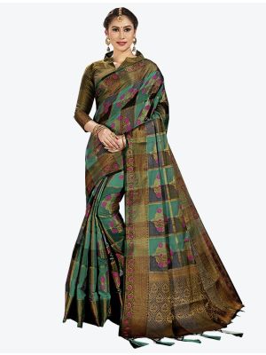 Sea Green and Black Cotton Silk Designer Saree small FABSA20421