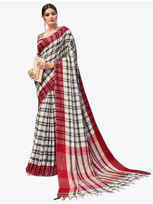White and Black Linen Designer Saree small FABSA20502