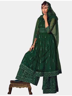 Dark Green Net Sharara Suit with Dupatta small FABSL20198