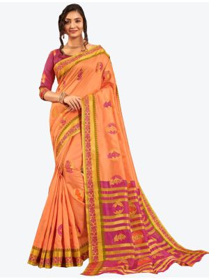 Dark Peach Cotton Handloom Designer Saree small FABSA20575