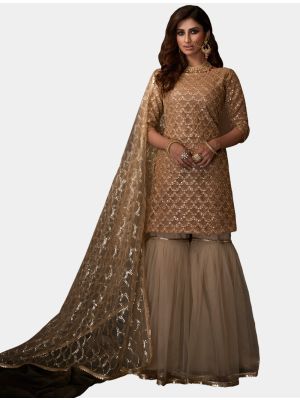 Light Cream Net Sharara Suit with Dupatta small FABSL20183