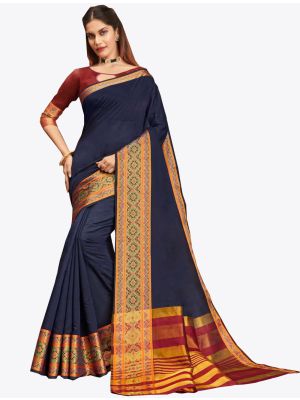 Navy Blue Khadi Silk Designer Saree small FABSA20566