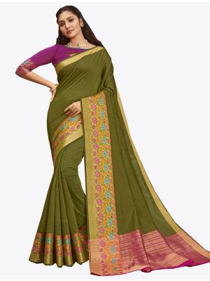 Olive Green Khadi Silk Designer Saree small FABSA20570