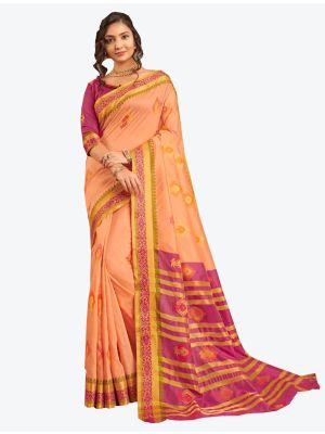 Peach Cotton Handloom Designer Saree small FABSA20580