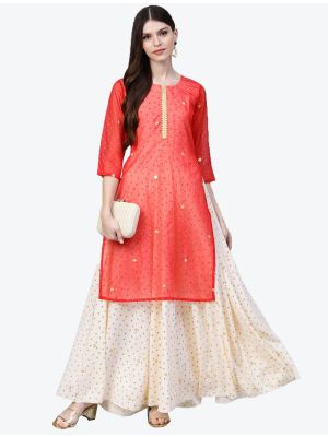 cream and red crepe long kurti swatch fabku20290