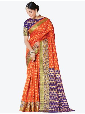 Deep Orange Handloom Silk Designer Saree small FABSA20981