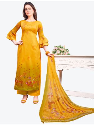 Mustard Yellow Jam Satin Straight Suit with Dupatta small FABSL20413