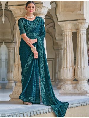 Rama Fancy Embroidered Saree With Moti Work