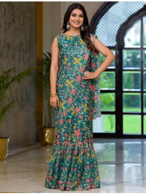 Rama Green Imported Georgette Ready To Wear Gown Style Saree FABSA22363