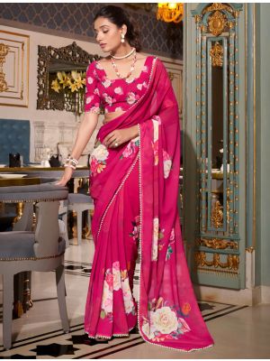 Rani Pink Georgette Saree With Pearl Lace Border