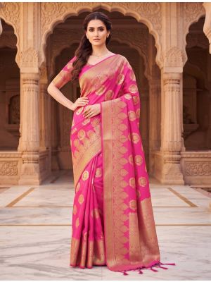 Rani Pink Viscose Silk Saree With Woven Zari Work