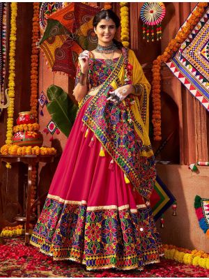 Red And Mustard Viscose Cotton Navratri Special Ready To Wear Lehenga small FABLE20459