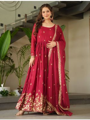 red chinon elegant gown with dupatta fabgo20395
