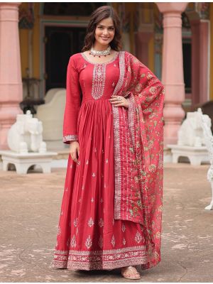 red chinon flared anarkali gown with dupatta fabgo20317