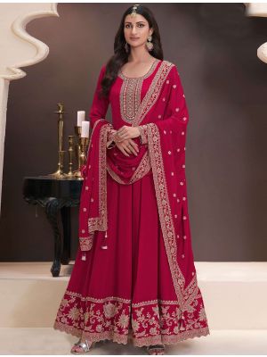 Red Chinon Semi Stitched Anarkali Suit thumbnail FABSL22231