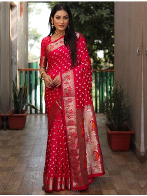 Red Dola Silk Bandhej Printed Saree With Zari Work