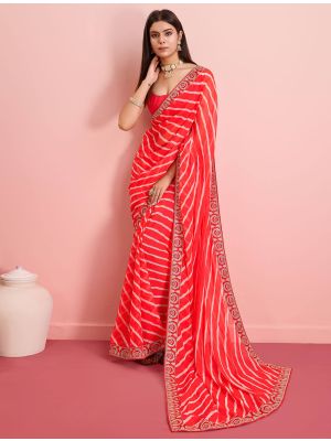 Red Georgette Party Wear Saree With Leheriya Print