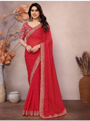 Red Georgette Printed Saree With Embroidery