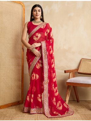 Red Georgette Printed Saree With Lace Border