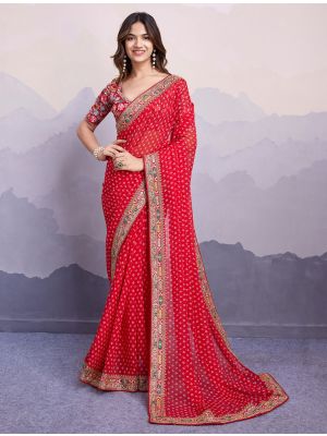 Red Georgette Saree With Bandhani Print And Embroidery