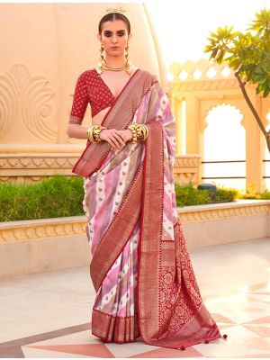 Red Silk Saree With Woven Work And Digital Print