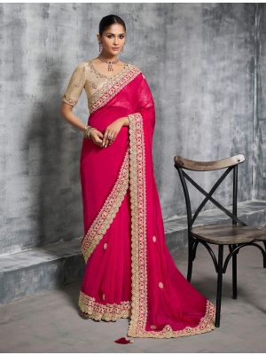 Reddish Pink Tissue Silk Embroidered Designer Saree