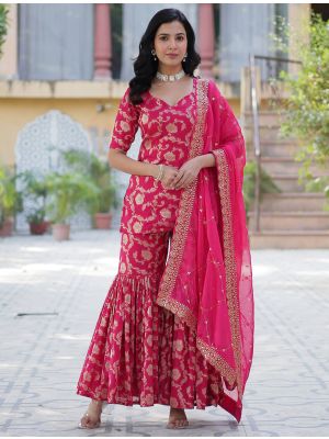 Reddish Pink Viscose Georgette Ready To Wear Sharara Suit FABSL22084
