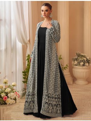 Rich Black Chinon Ready To Wear Anarkali Dress With Front Open Jacket small FABSL22529
