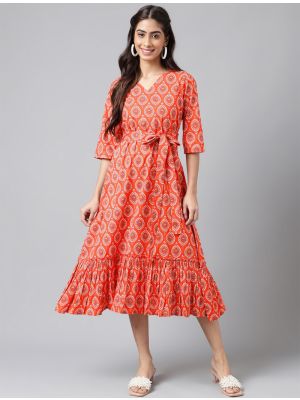 rich orange cotton printed trendy frock fabku20877