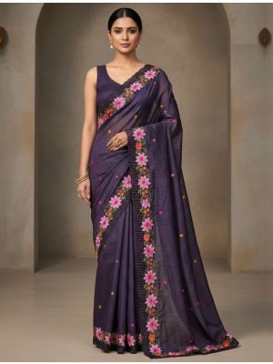 Rich Purple Manipuri Silk Embroidered Saree With Cutwork