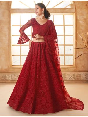 Rich Red Soft Net Embroidered Lehenga With Diamond Work small FABLE20436