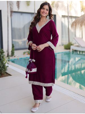 rich wine velvet kurta pant set with potli bag fabku21180