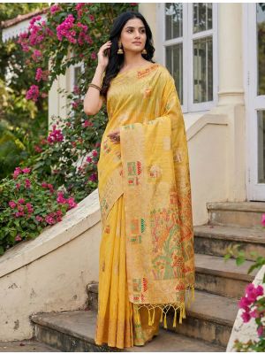 Rich Yellow Linen Cotton Elegant Festive Saree