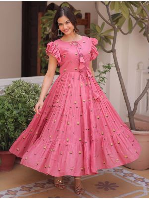 rose pink cotton embroidered tiered midi dress fabku21213