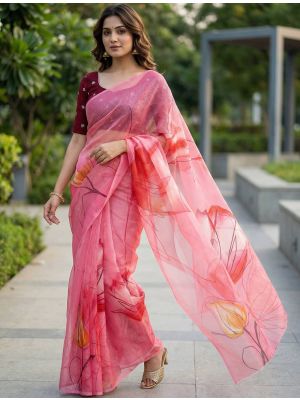 Rose Pink Organza Digital Print Saree With Embroidered Blouse Piece