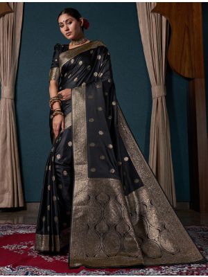 Royal Black Satin Silk Premium Saree With Zari Work