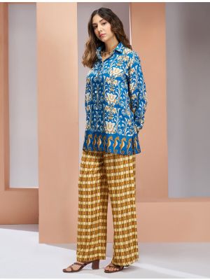 royal blue muslin silk stylish co ord set fabku21090