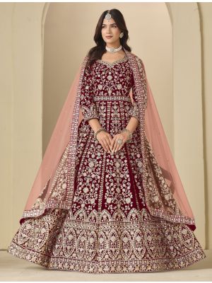 Royal Maroon Velvet Semi Stitched Anarkali Suit small FABSL22356