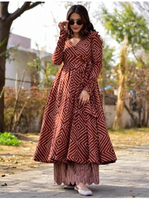 rust brown cotton silk digital printed kurta palazzo set fabku21040