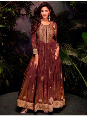 Rust Brown Jacquard Silk Ready To Wear Anarkali Suit In XL small FABSL22195