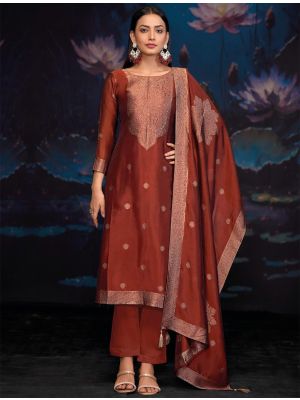 Rust Red Jacquard Woven Silk Salwar Kameez small FABSL22163